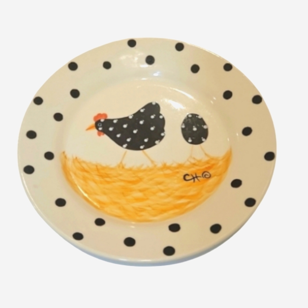 Le Gourmet chef 2001 chicken and eggs black and white raised polka dot plate